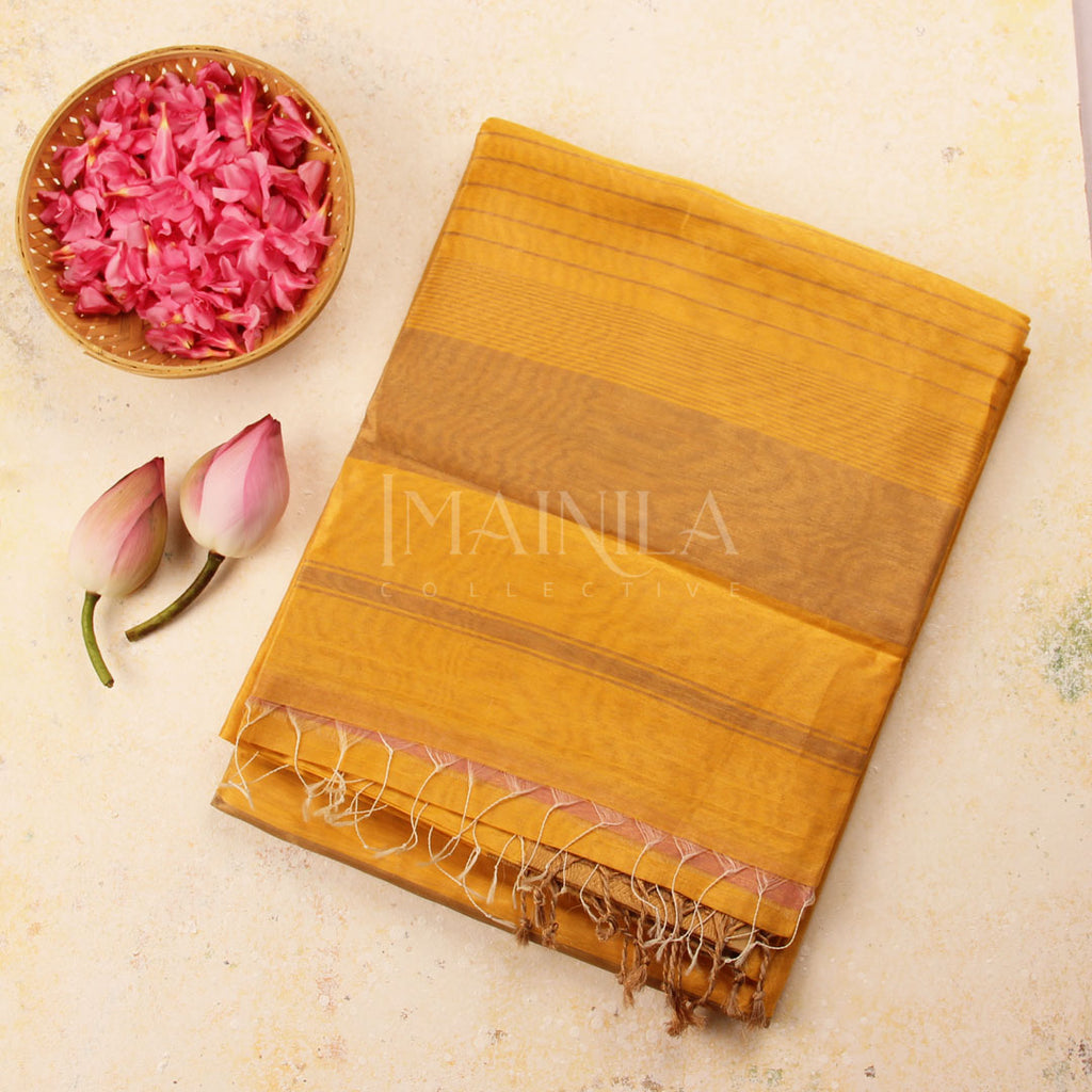 Yellow handloom Tissue Maheshwari Silk Saree