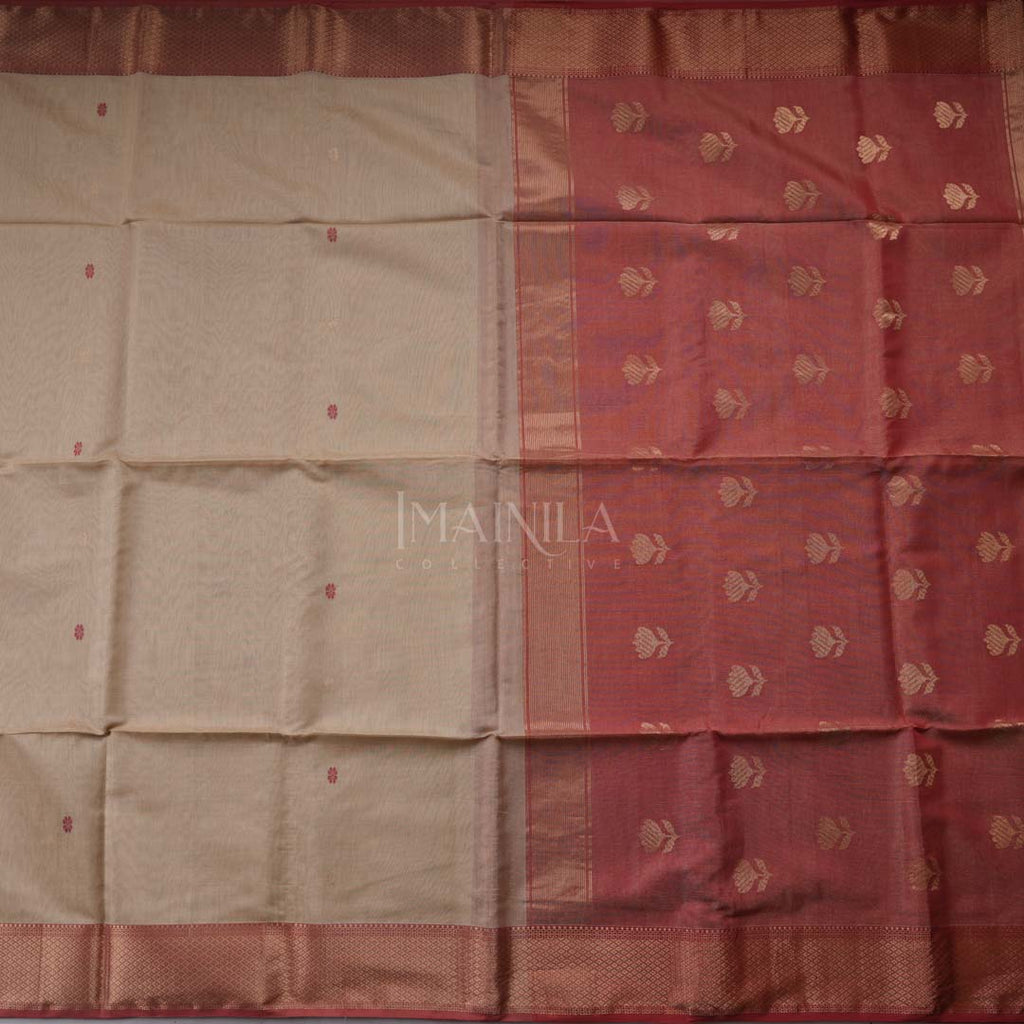 Beige With Red Handloom Maheshwari Tissue Silk Saree