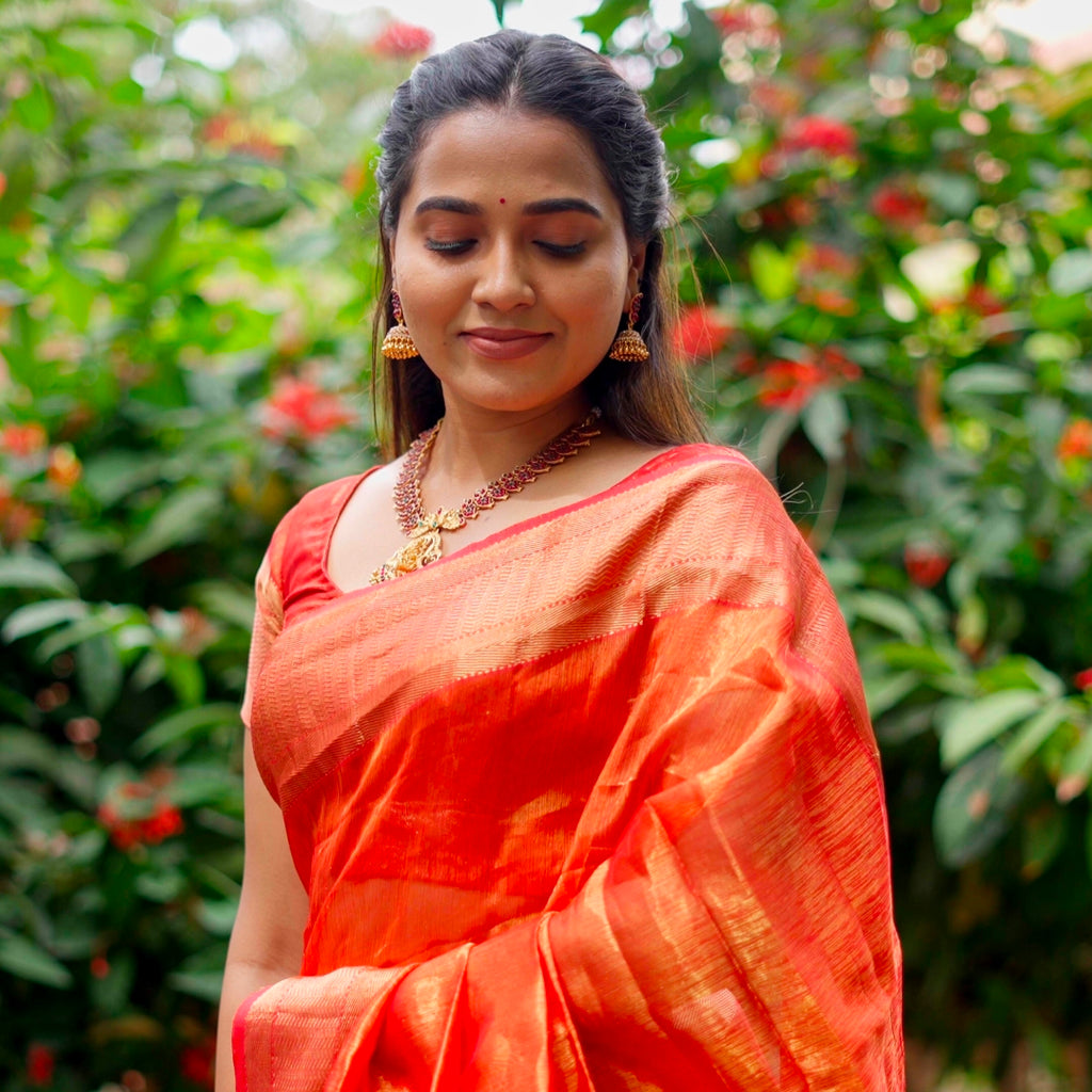 Red handloom Tissue Maheshwari Silk Saree