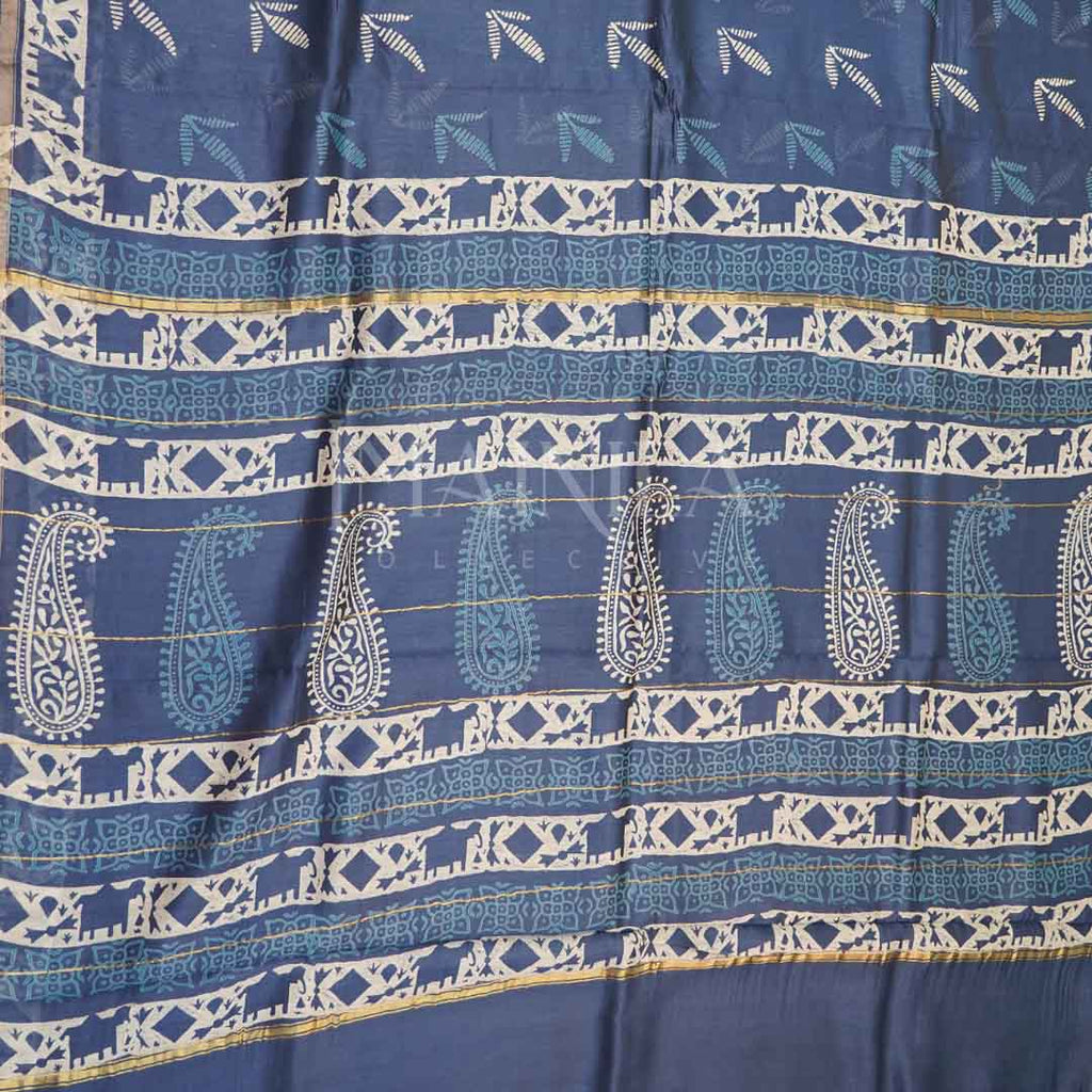 Dark Blue with off-white Handblock Silk Saree