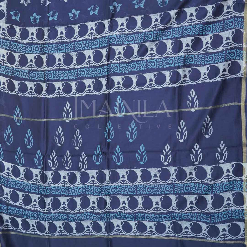 Dark Blue with off-white Handblock Silk Saree