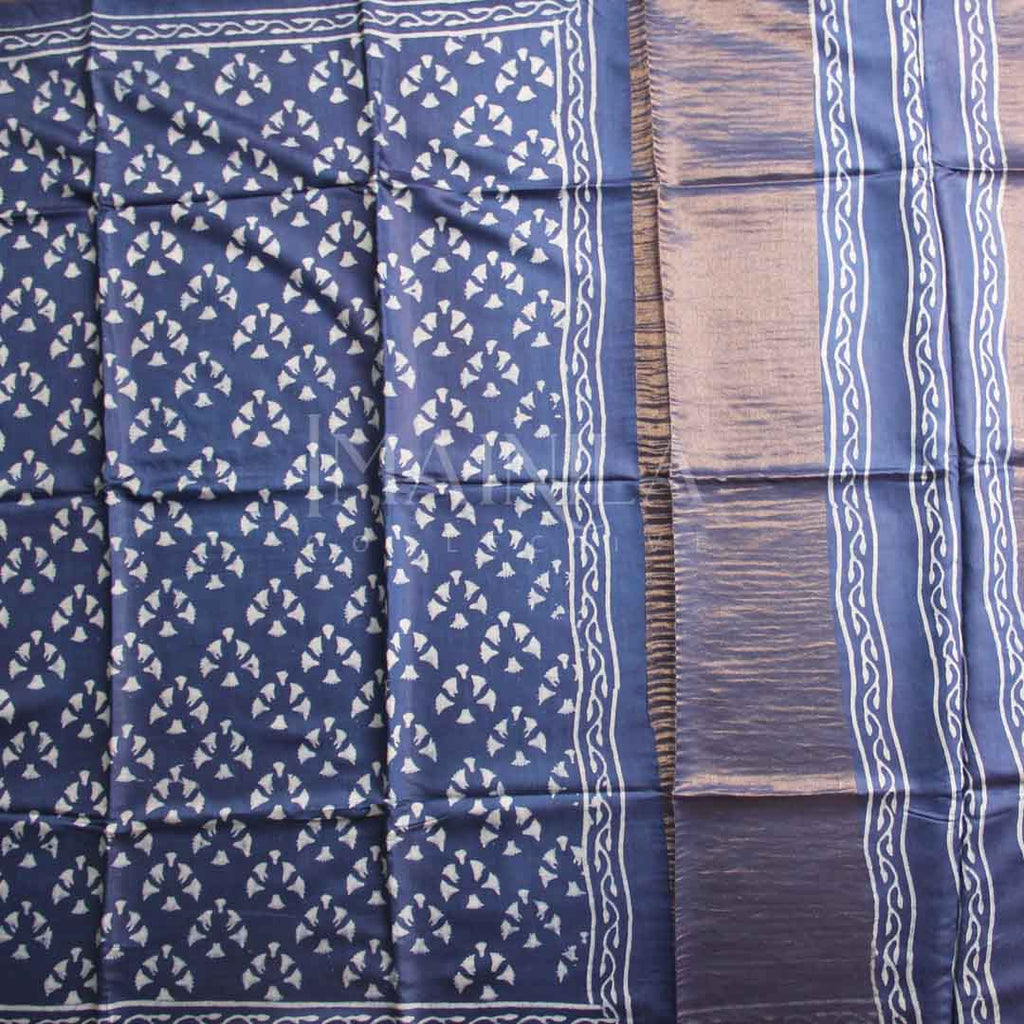 Dark Blue with off-white Handblock Soft Silk Saree.