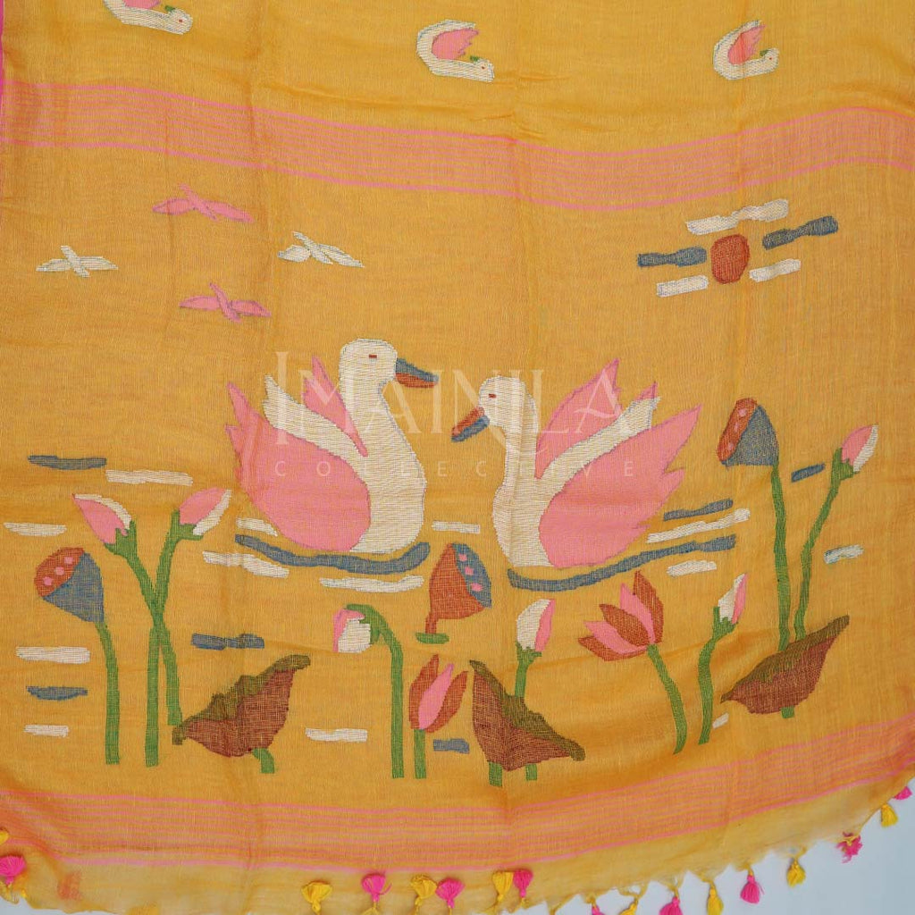 Yellow Handloom cotton jamdani saree.