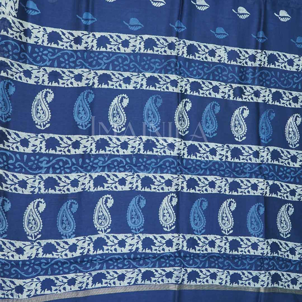 Dark Blue with off-white Handblock Silk Saree