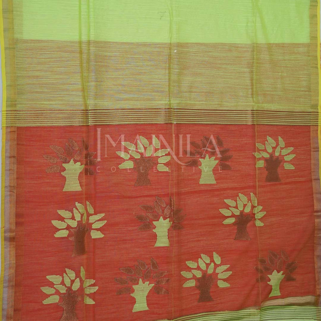 Light green with Dark yellow light wight cotton maslin jamdani saree.