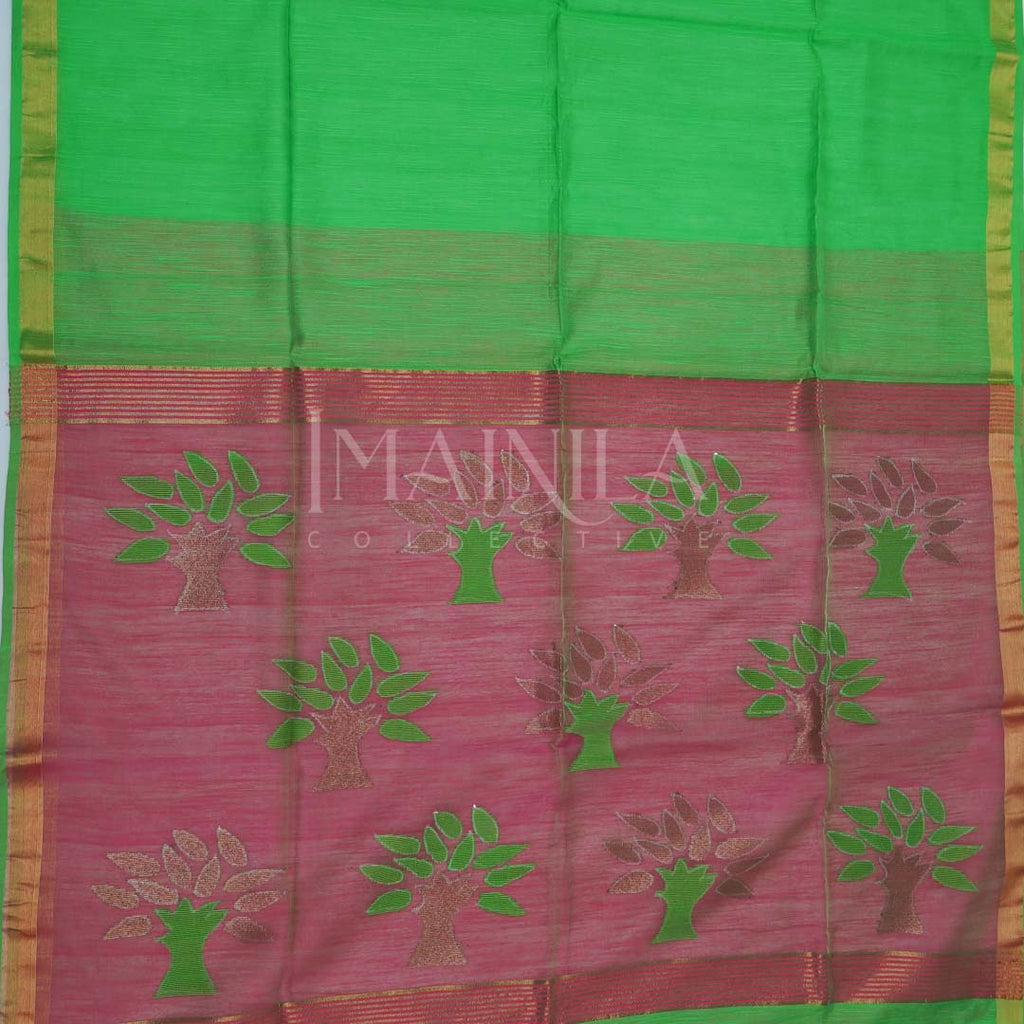 Green with Mauve pink light wight cotton maslin jamdani saree.