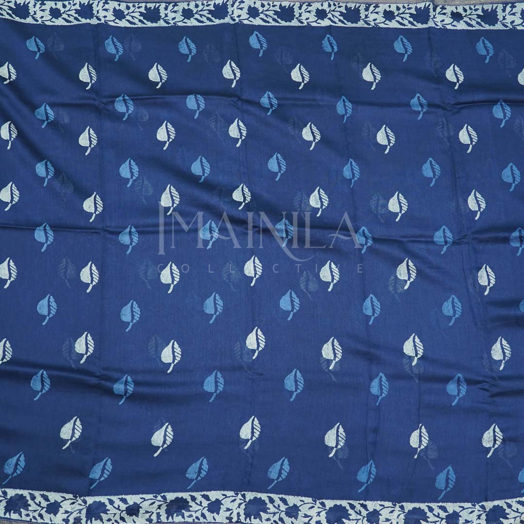 Dark Blue with off-white Handblock Silk Saree