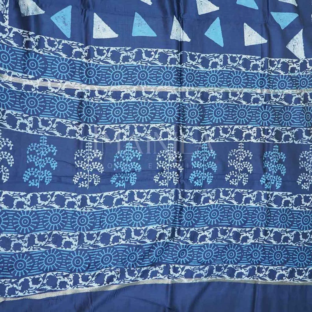 Dark Blue with off-white Handblock Silk Saree