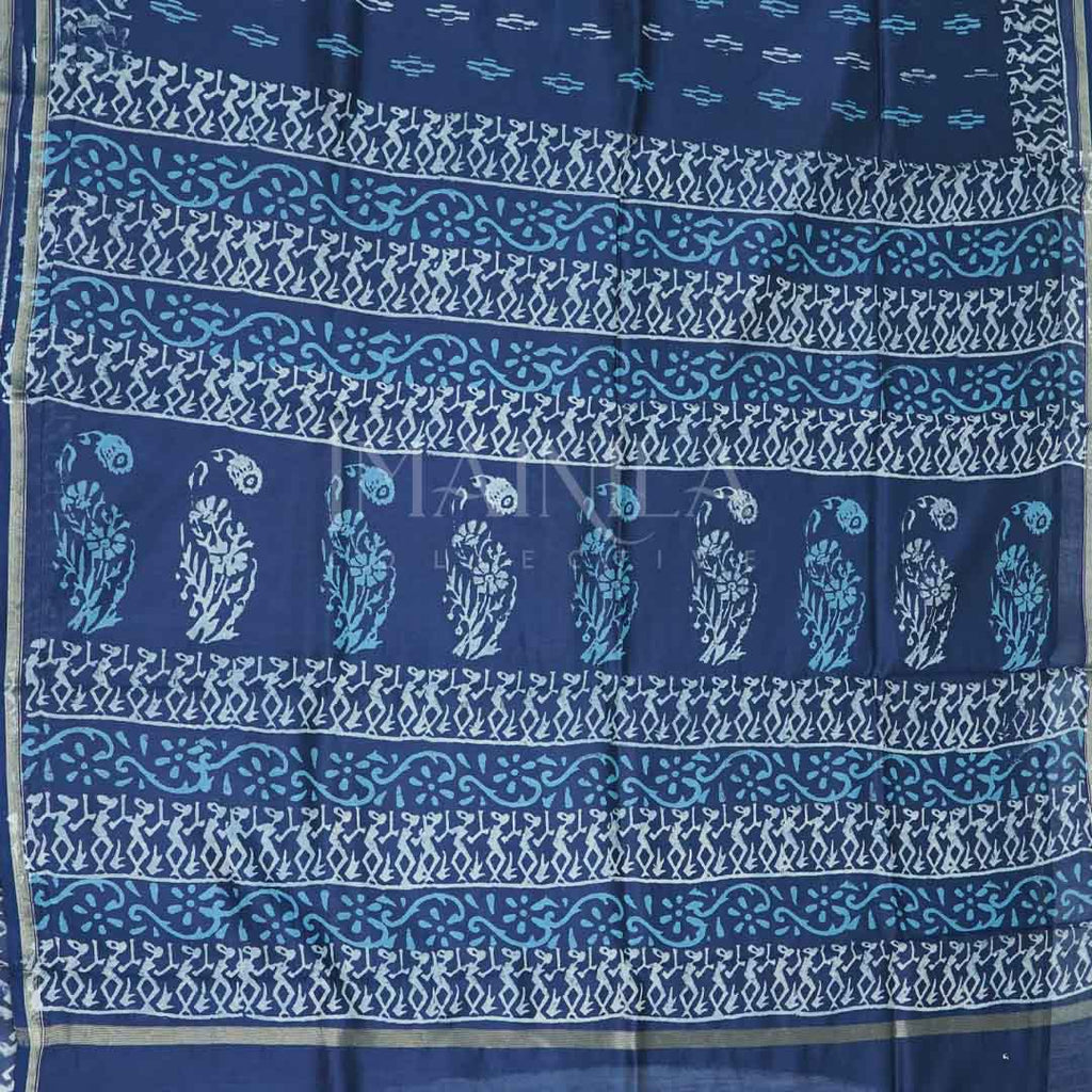 Dark Blue with off-white Handblock Silk Saree