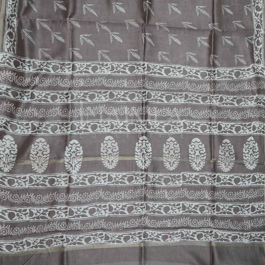 Dark Beige with off-white Handblock Silk Saree