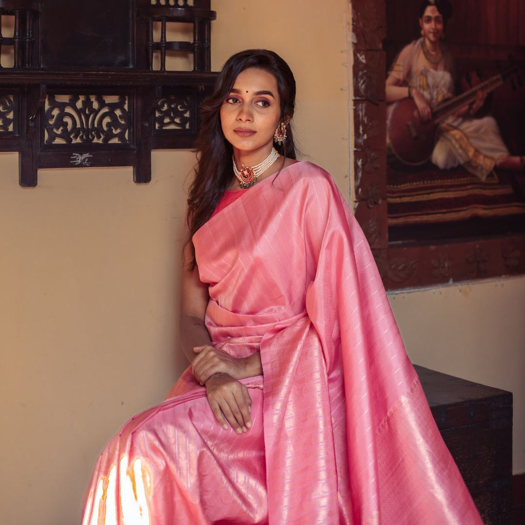 Baby pink zari woven kanchipuram silk traditional saree with blouse -  AASTHA FASHION - 4266699