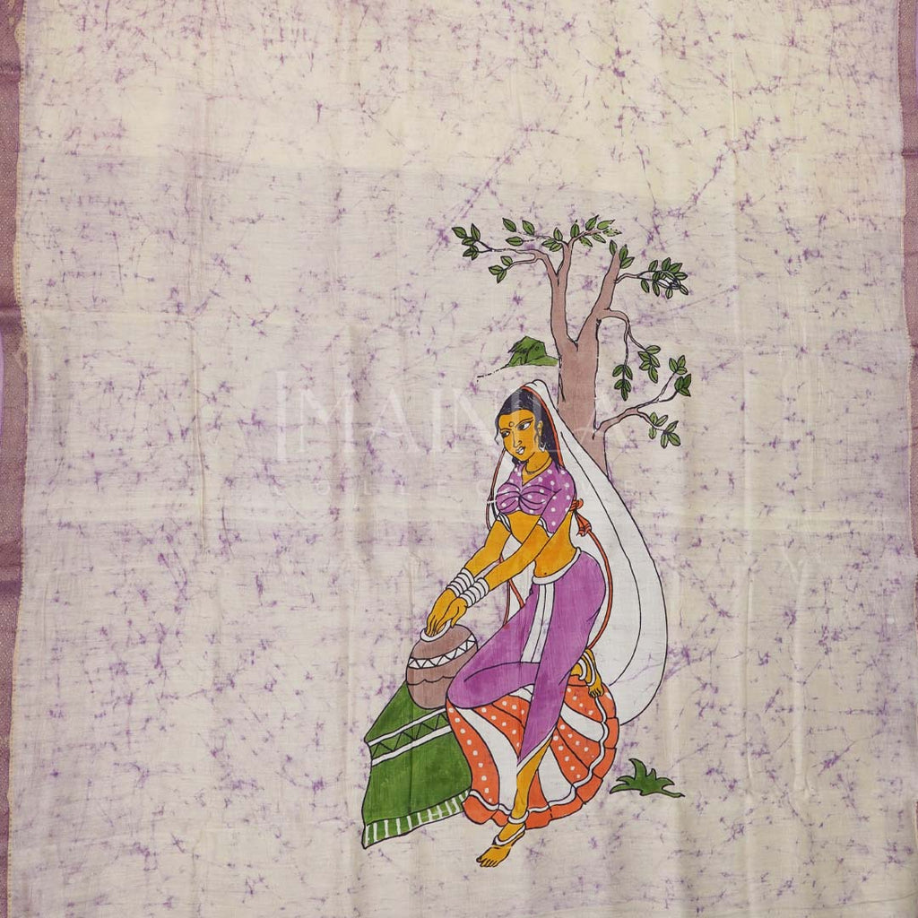 Lavender with off-white Handloom Hand Painted Maheshwari silk Saree