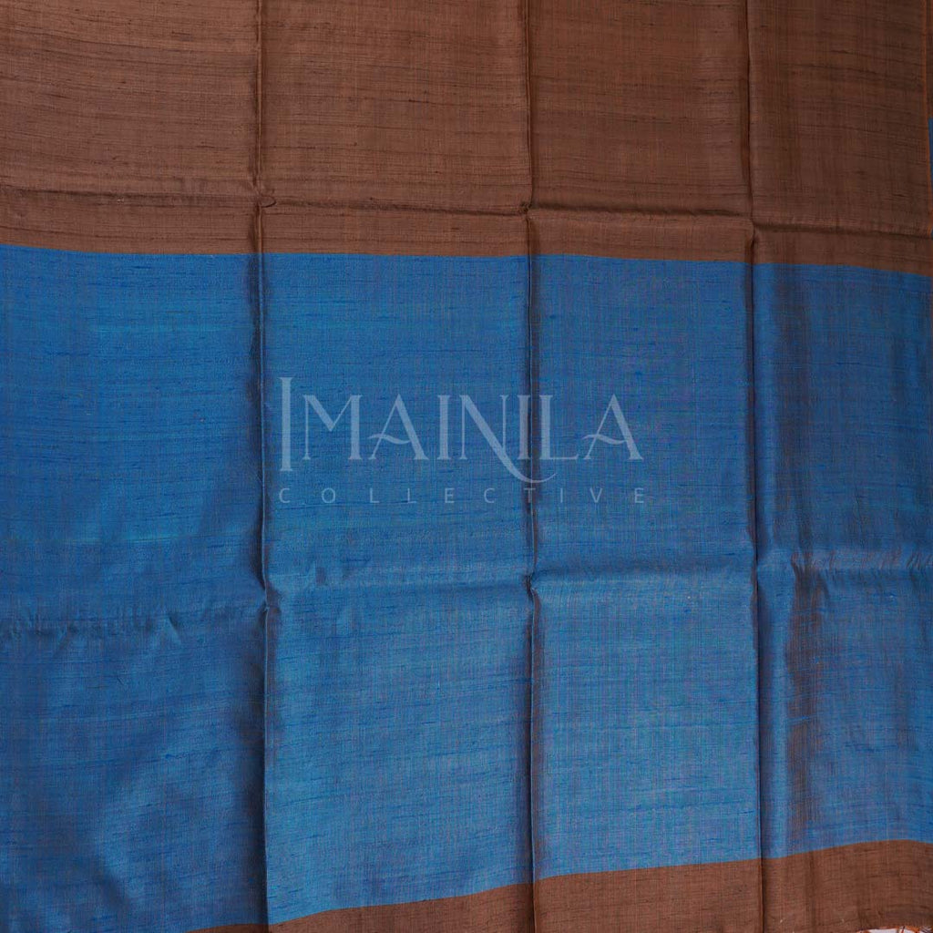 Brown and royal blue Soft Raw Silk saree