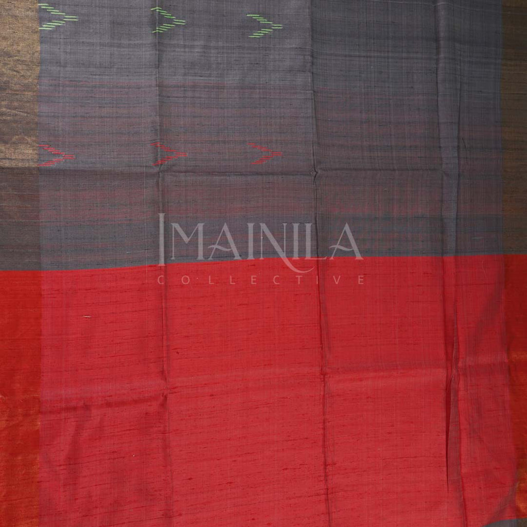 Gray and Red Raw Silk saree