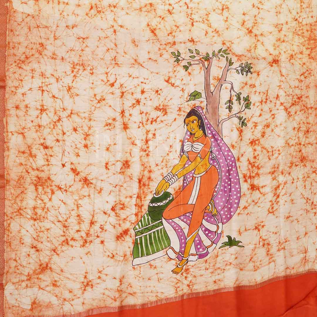 Orange Handloom Hand Painted Maheshwari silk Saree