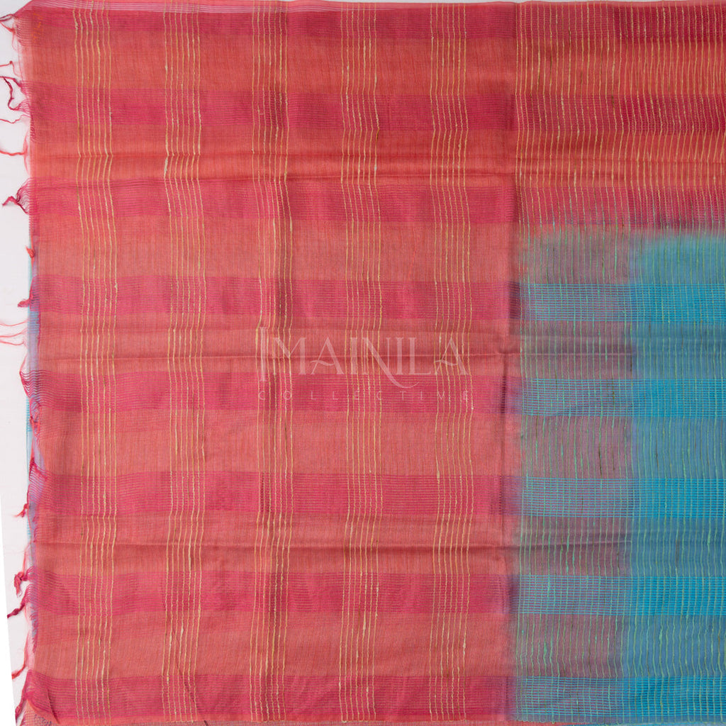 Dark Pink with Blue Linen Silk Saree