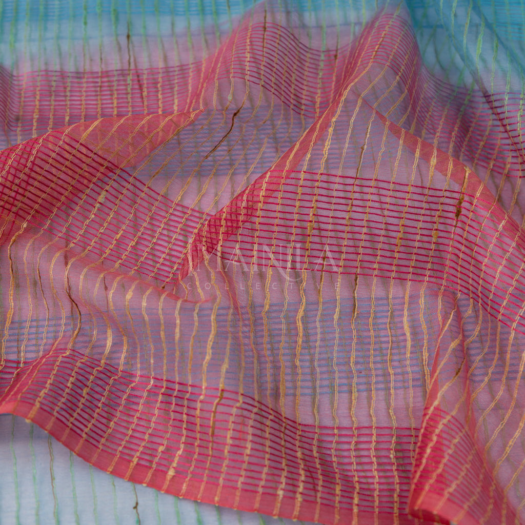 Dark Pink with Blue Linen Silk Saree