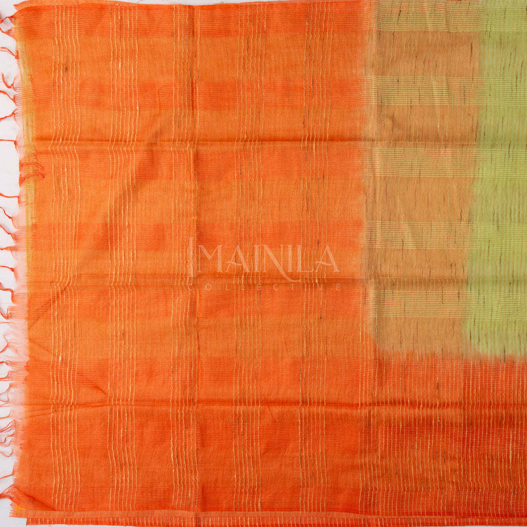 Lime Green with Dark Orange Line Silk Saree