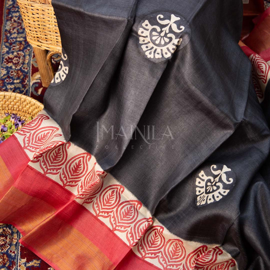 Red and Black Tussar Silk Saree