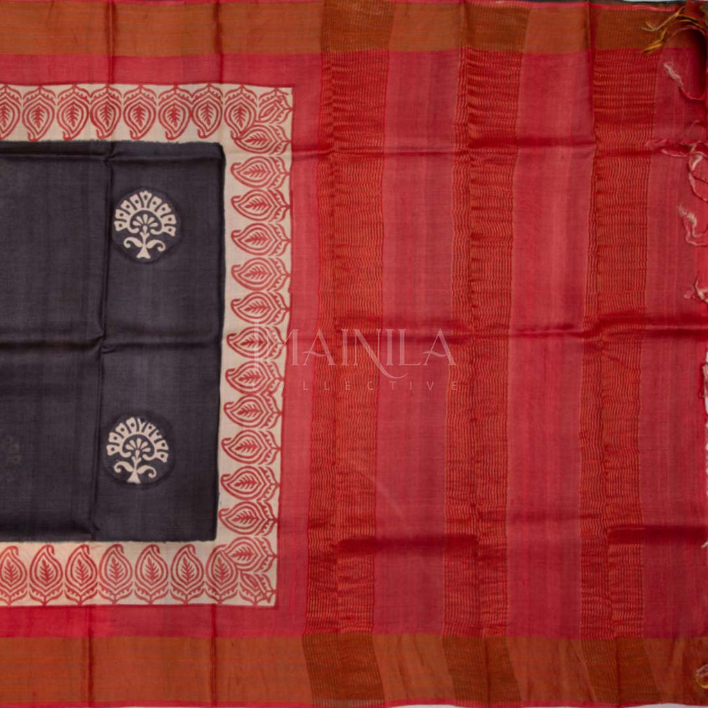 Red and Black Tussar Silk Saree