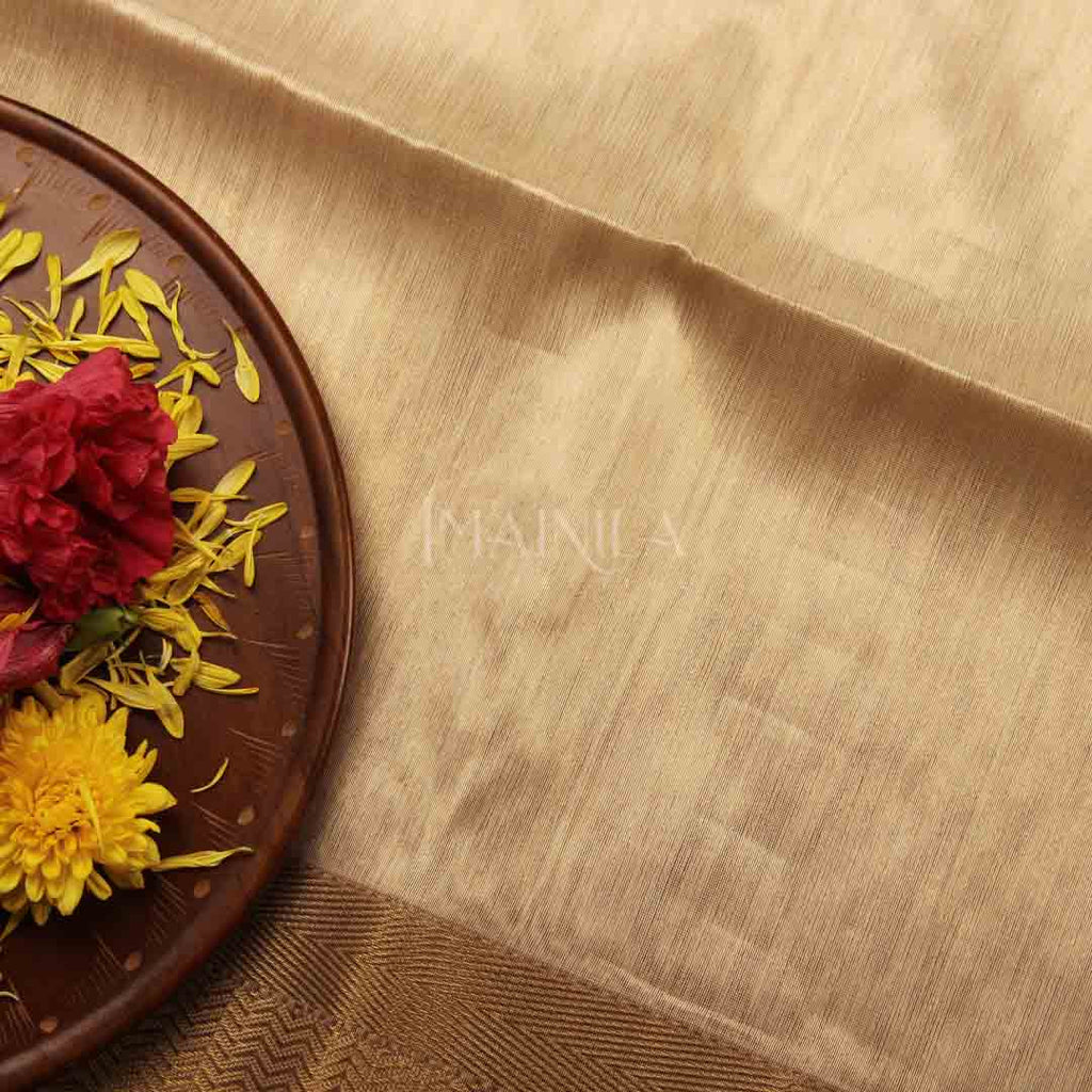 Cream with Gold handloom Tissue Maheshwari Silk Saree