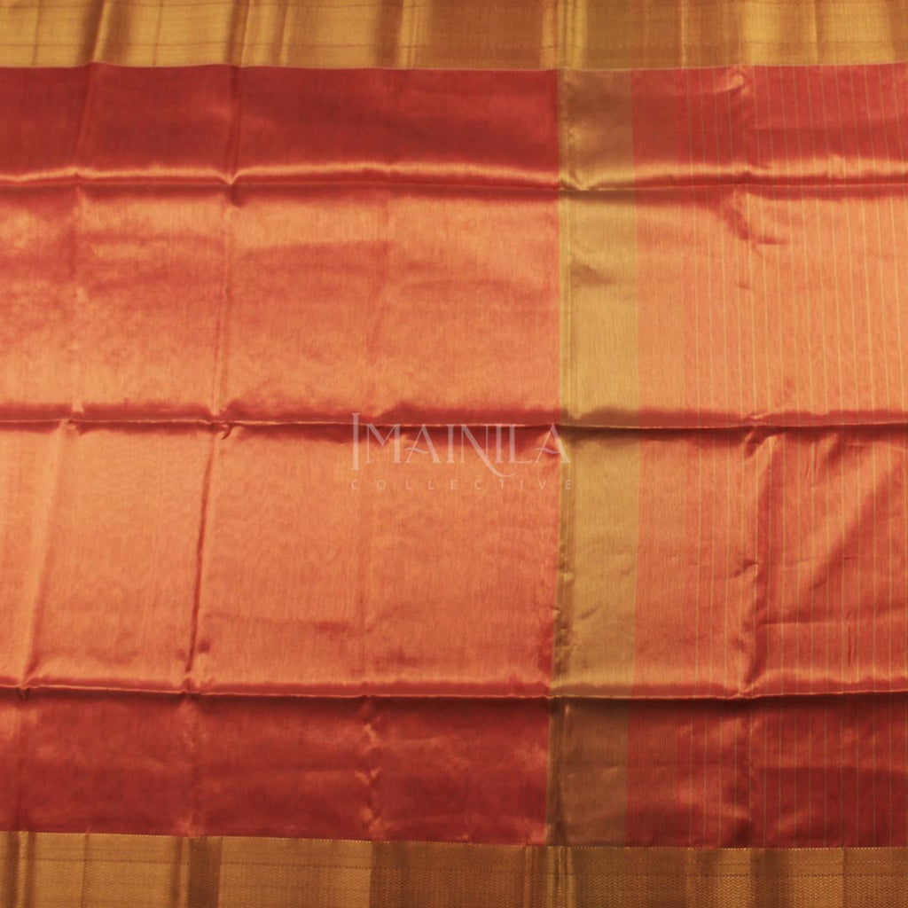 Dark peach handloom Tissue Maheshwari Silk Saree