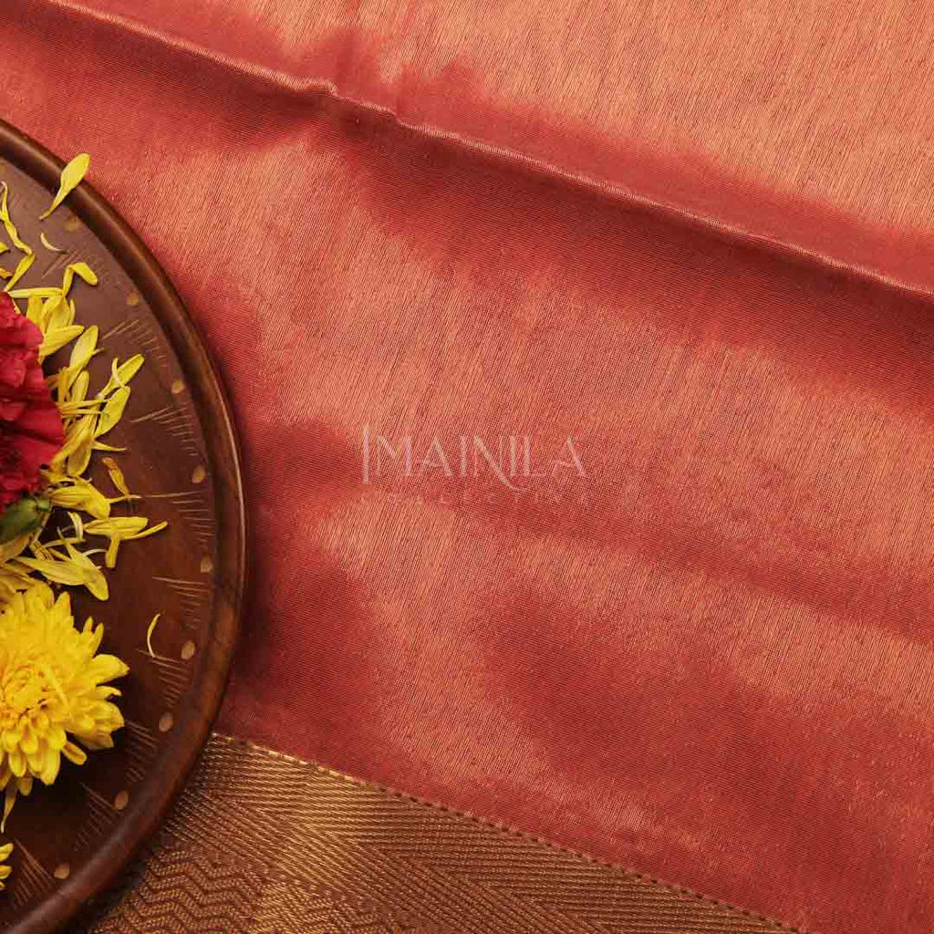 Dark peach handloom Tissue Maheshwari Silk Saree