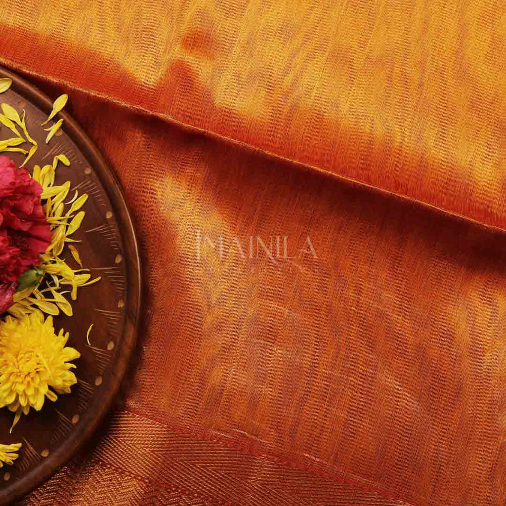 Mustard Yellow handloom Tissue Maheshwari Silk Saree