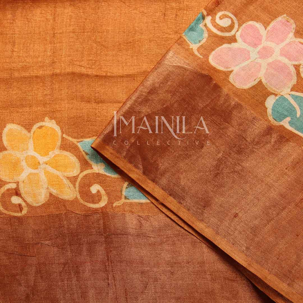 Brown Hand Painted Tussar Silk Saree